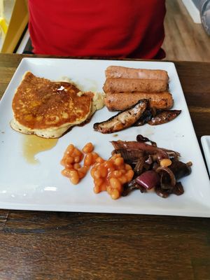 Vegan breakfast with pancakes at Yanto's Pancake House in Gloucester