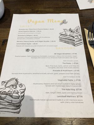 Vegan Menu as of 28/2/20 at Yanto's Pancake House in Gloucester