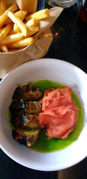 Grilled eggplant and fries at Jazzköket in Ostersund
