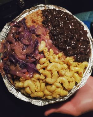 Black beans, Mac n cheese, mixed veggies over brown rice. It tasted as good as it looks. 💙🌱 at Belmont Vegetarian Restaurant in Worcester