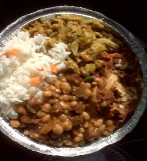 combo plate of beans/veggie ham, lasagna, curry at Belmont Vegetarian Restaurant in Worcester
