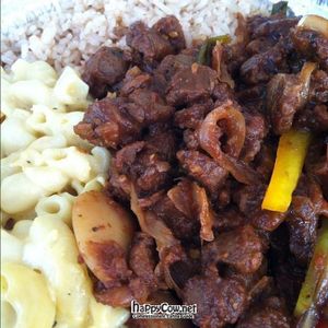 BBQ, pepper steak & mac n cheese. at Belmont Vegetarian Restaurant in Worcester