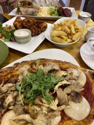 Garlic Mushroom Flatbread; Sticky BBQ Cauliflower Wings; chips; 'Chicken’ Wrap at The Eating Gorilla in Penrhyndeudraeth