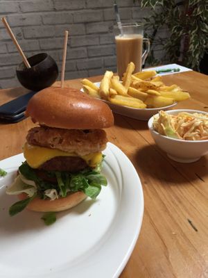 Gorilla filler burger, chips and coleslaw at The Eating Gorilla in Penrhyndeudraeth