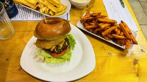 Massive burger and onion rings  at The Eating Gorilla in Penrhyndeudraeth
