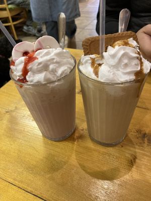 Strawberry party ring shake and lotus biscoff banana shake at The Eating Gorilla in Penrhyndeudraeth