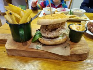 Burger with HUGE onion rings at The Eating Gorilla in Penrhyndeudraeth