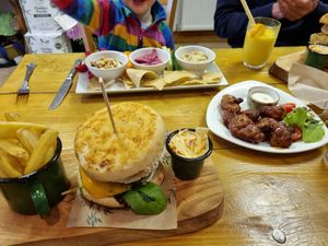 Hummus plate, burger and cauliflower wings at The Eating Gorilla in Penrhyndeudraeth