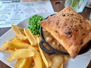 Pie/pastry with fake chicken gravy,fies and peas at The Eating Gorilla in Penrhyndeudraeth