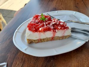 Delicious strawberry cheesecake at The Eating Gorilla in Penrhyndeudraeth