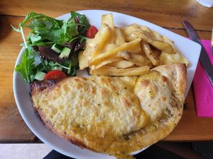 ROASTED VEGETABLE
AND PESTO TORTILLA PARCEL with extra cheese on chips at The Eating Gorilla in Penrhyndeudraeth