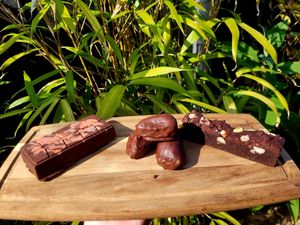 Homemade Chocolate Orange Biscuit Crunch Bars, Homemade Chocolate & Peanut Butter Medjool Dates and Homemade Dark Chocolate & Brazil Nut Brownie. at The Eating Gorilla in Penrhyndeudraeth
