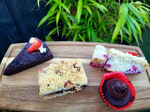 Chocolate Gnache Tarte, Mincemeat and Cherry Shortbread, Made without Wheat Berry Cake, and Mini Chocolate Peppermint Muffin. at The Eating Gorilla in Penrhyndeudraeth