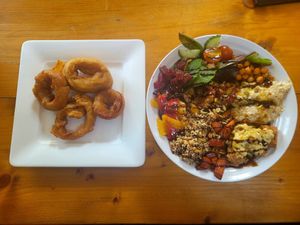 Onion Rings and Autumn Buddah Bowl. at The Eating Gorilla in Penrhyndeudraeth