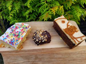 Vanilla Cake, Fruit & Nut Cake Pop, and Sticky Toffee & Biscoff Slice. at The Eating Gorilla in Penrhyndeudraeth