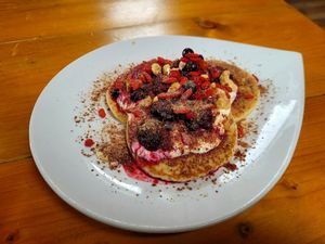 American Pancakes (served with seasonal berry compote and yoghurt). at The Eating Gorilla in Penrhyndeudraeth