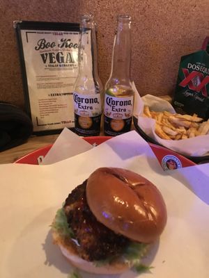 BBQ Lentil AND Mixed Seed Burger fries and beer  at Boo Koos in Helston