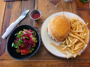 Ketchup, Side Salad and Loaded Tofu Burger at Ty Medi in Machynlleth