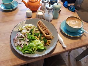 Vegan spiced strudel with accompanying 4 side salads. Very tasty! at Ty Medi in Machynlleth
