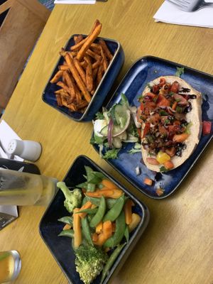 Bruschetta, sweet potato fries, seasonal veg  at Slanj in Arrochar