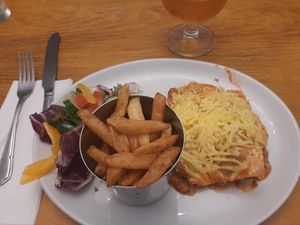 Vegan lasagna with fries at Slanj in Arrochar