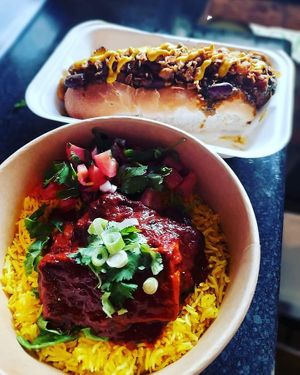Spicy Tofu rice box and Curried Beans Hot Dog at The Humble Veg  in West London