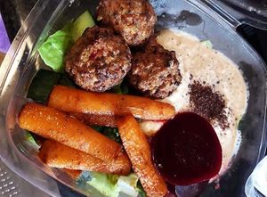 'Hero Hummus' salad box, homemade garlic hummus, falafels, mixed salad, pickled beetroot and roasted carrots at The Humble Veg  in West London
