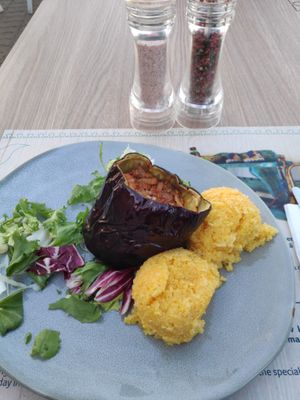 Polenta and Imam Bayildi at La Liman in Tulcea