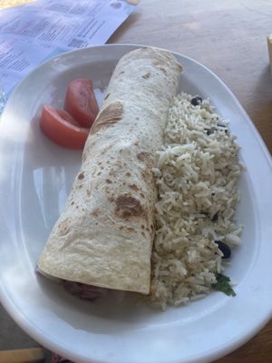 Burrito with refried beans and veg   at Picasso on the Beach in Naxos