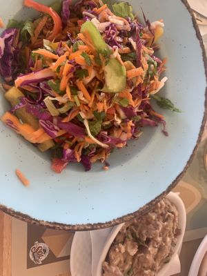 Salads with extra of refried beans  at Picasso on the Beach in Naxos