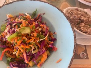 Salad with an extra of refried beans  at Picasso on the Beach in Naxos
