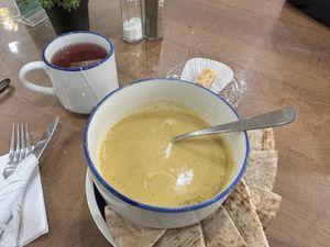 Apple Tea (delicious) and lentil soup with pita.   at Havenly in New Haven