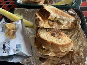 Vegan grilled cheese with jalapeños, caramelized onions, and vegan Sarbez sauce  at Sarbez in St Augustine