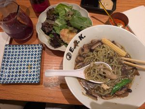 Mushroom ramen and tofu karaage at EAK Ramen in New York City