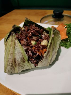Fried brown rice in lotus leaf at Sen Vegan House in Ho Chi Minh City
