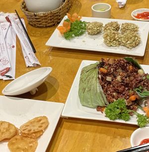 Rolled taro balls, fried lotus and rice in lotus leaf  at Sen Vegan House in Ho Chi Minh City