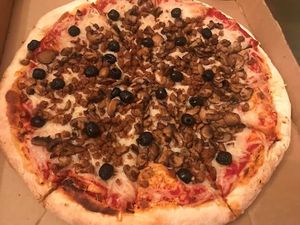 Vegan sausage and cheese pizza with mushrooms and olives  at Giovanni's in Pittsburgh