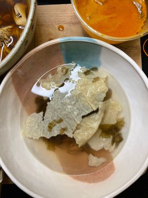 The soup that accompanied the Healthy Dry Wantan Panmee	  RM 17.90 at Minf Houze Vegan Cafe in Kuala Lumpur