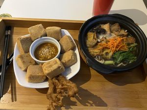 Ramen and fried enoki satay tofu   at Minf Houze Vegan Cafe in Kuala Lumpur
