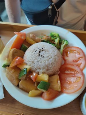 Sweet and sour golden tofu rice at Minf Houze Vegan Cafe in Kuala Lumpur