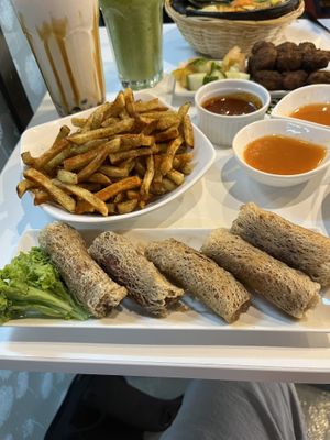 Golden fries and Vietnamese spring rolls  at Minf Houze Vegan Cafe in Kuala Lumpur