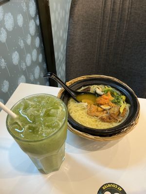 Kiwi-cucumber juice and “pumpkin soup"  at Minf Houze Vegan Cafe in Kuala Lumpur
