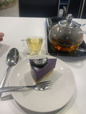 Purple cheesecake and mint tea  at Minf Houze Vegan Cafe in Kuala Lumpur