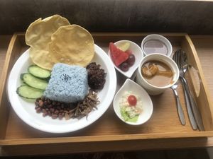 Nasi Lemak set meal with fruit and chocolate jelly. at Minf Houze Vegan Cafe in Kuala Lumpur