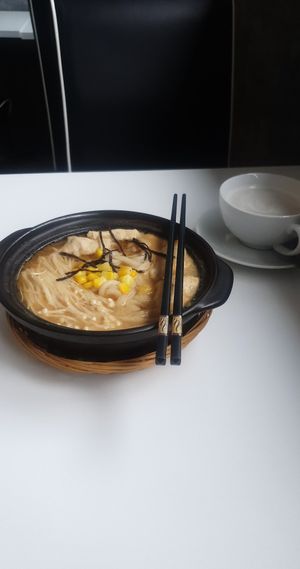 Udon soup and soya milk at Minf Houze Vegan Cafe in Kuala Lumpur