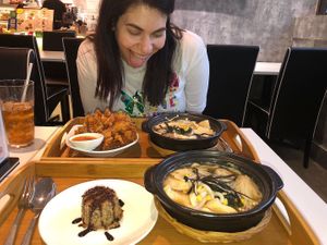 2 miso udons, fried mushrooms, banana cupcake, lemon tea  at Minf Houze Vegan Cafe in Kuala Lumpur