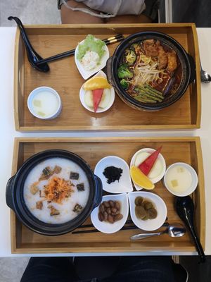 Ramen and porridge. 38 ringgit at Minf Houze Vegan Cafe in Kuala Lumpur