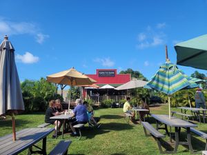 Picnic table seating. Portopottys for bathrooms #Veganuary at Farm To Barn in Haleiwa