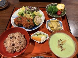 Dinner set menu featured millet “burgers” with vegetable sauce, edamame soup, brown rice, salad, and assorted vegetables   at Acai in Kashihara