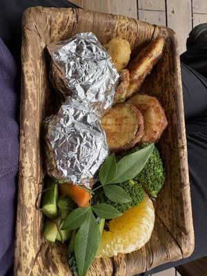 Box lunch of onigiri, vegetable tempura, and vegetables   at Acai in Kashihara